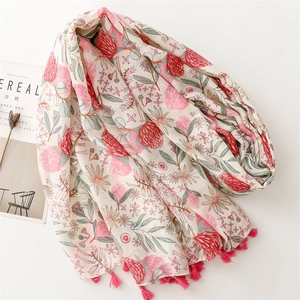 Linen feel scarf with floral print and pink fringe tassels for women as warm shawl