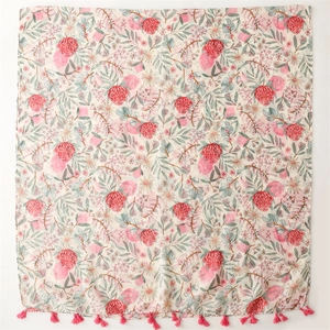 Pink floral cotton linen scarf with red botanical print and tassel fringe for women