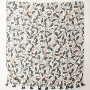 Sciarpa con stampa foglie blu-grigio in cotone lino con eleganti nappe