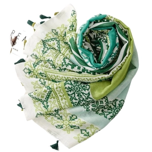 Bohemian green geometric sunscreen shawl with tassels and shimmering silver thread