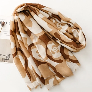 Khaki camellia flower cotton-linen shawl with geometric abstract floral print and fringe