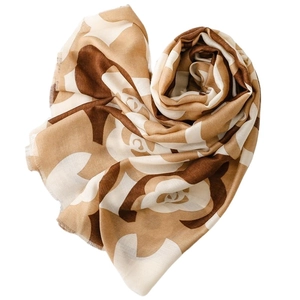 Linen feel khaki scarf with brown camellia floral print and frayed edge detail