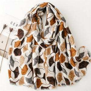 Ginkgo Leaf Print Scarf Shawl Long Polyester Cotton Linen Feel Soft Warm Botanical Fringe Wrap For Women