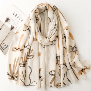 Sciarpa Scialle Donna Elegante Stampa Fiocco Pizzo Cotone Poliestere Misto Frange Morbido Elegante