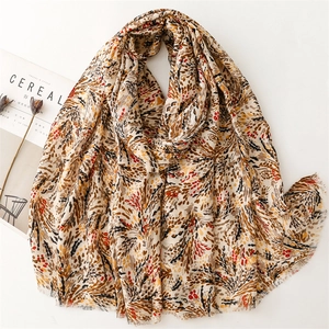 Women Abstract Plant Print Scarf Cotton Linen Feel Shawl Gold Foil Detail Frayed Edge Lightweight Long Wrap