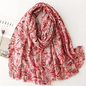 Pink cotton linen scarf with gold foil wheat pattern and raw edges for women