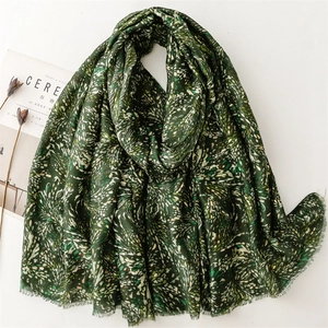 Dark green linen-feel scarf with gold foil wheat patterns and soft fringe edges