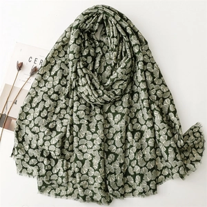 Ginkgo Leaf Scarf Shawl Polyester Cotton Linen Feel Foil Stamping Fringe Elegant Retro Artistic Large Wraps For Women