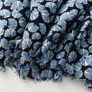 Detail of blue ginkgo leaf scarf with gold foil printing and fringe edge texture