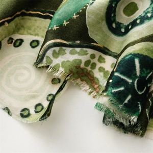 Macro detail of green geometric scarf featuring gold foil accents and frayed fringe edges