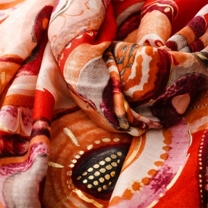 Close-up of geometric pattern scarf with elegant gold foil polka dots and soft texture
