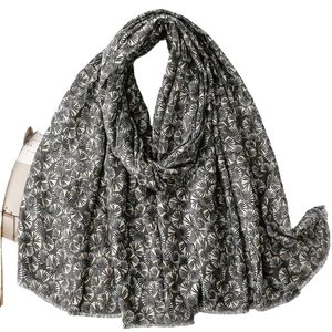 Dark grey cotton linen scarf with golden ginkgo leaf patterns and fringe edges