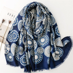 Navy blue cotton linen shawl with gold geometric mandala print and tassel fringe