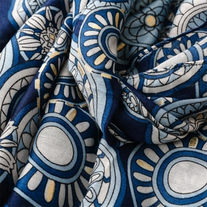 Macro detail of navy cotton-linen scarf featuring gold foil mandala patterns and stitching