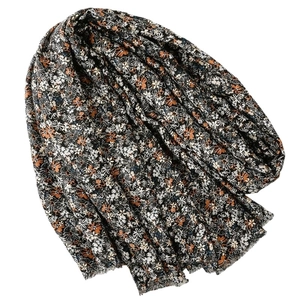 Floral print cotton linen scarf with gold foil accents and fringe edges for women