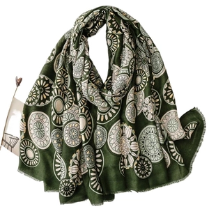 Dark green cotton linen scarf with golden geometric mandala patterns and frayed edges