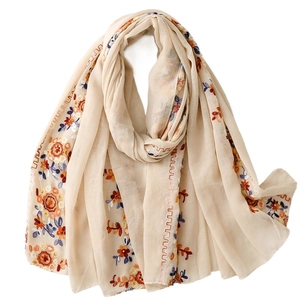 Beige cotton linen embroidery scarf with colorful floral patterns and wavy edges