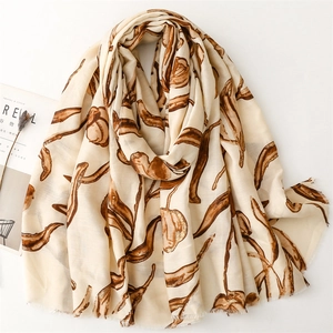 Floral Tulip Scarf Shawl Gold Foil Print Cotton Feel Frayed Edge Lightweight Wrap For Women