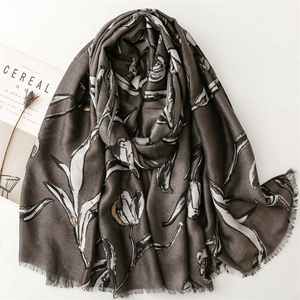 Grey linen scarf with white tulips and gold glitter accents with frayed edges