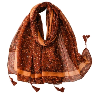 Brown floral cotton linen scarf with elegant tassel charms for sun protection