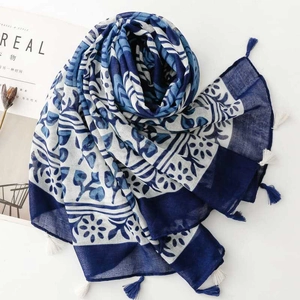 Blue and white porcelain style ethnic print scarf with decorative tassels for women