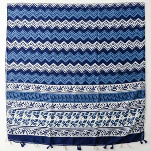Blue and white porcelain style wave pattern scarf with elegant tassels and ethnic motifs