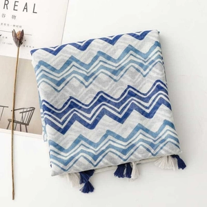 Detail view of blue wavy porcelain pattern scarf with soft cotton fringe tassels