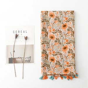 Floral print lightweight scarf with tassels in orange and teal for women shawls