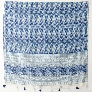 Blue and white porcelain style geometric scarf with floral border and fringe tassels