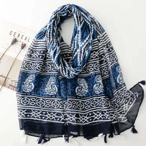 Blue and white porcelain style bohemian scarf with geometric patterns and tassels