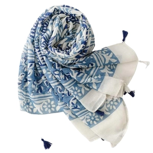 Blue and white porcelain style ethnic scarf with vintage floral patterns and tassels