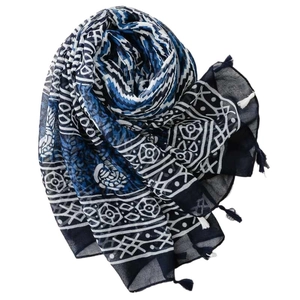 Blue and white porcelain geometric scarf with elegant tassels and ethnic pattern
