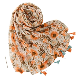 Lightweight floral scarf for women with orange flower print and colorful fringe tassels