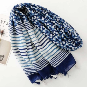 Close-up of blue and white polka dot scarf with stripe details and soft white fringe