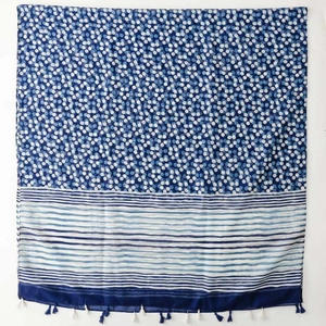 Blue and white porcelain style shawl with polka dots, stripes and tassel details