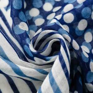 Close-up of blue and white floral porcelain print scarf with voile fabric texture