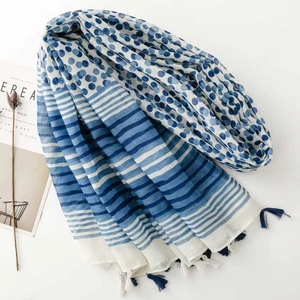 Detailed flat lay of blue and white scarf with polka dots, stripes and tassel edges