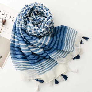Detail of blue and white polka dot scarf with tassel trim on minimalist background