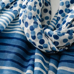 Macro detail of blue and white polka dot scarf fabric with soft woven texture