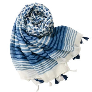 Blue and white polka dot scarf with striped patterns and tassels on a clean white background