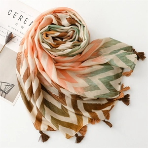 Detail of colorful zigzag wave pattern and fringe on lightweight cotton linen scarf