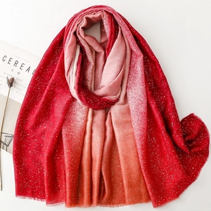 Red gradient pashmina shawl with silver glitter dots and fringe trim for women