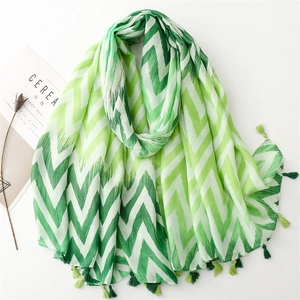 Lightweight cotton-linen scarf with green gradient wave pattern and fringe tassels