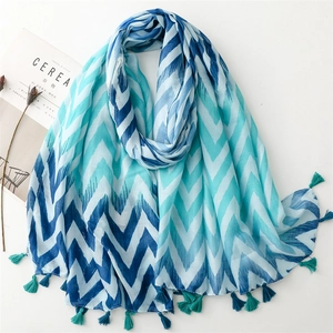 Blue gradient chevron scarf with tassels and linen feel, styled on a white background