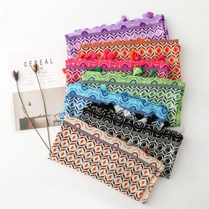 Detail of bohemian cotton linen scarves with colorful geometric patterns and fringe