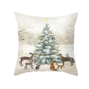 Detailed Christmas elk and forest animal illustration on square polyester cushion cover