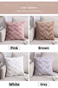 Detail view of four plush chevron pillows in pink, brown, white, and grey colors