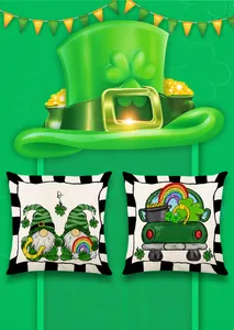 Detail of St. Patrick's Day cushion covers with lucky gnome and shamrock patterns