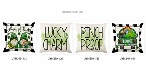 Macro view of four Saint Patrick's Day pillow covers with gnomes and clover patterns