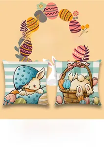Detail of Easter pillow covers featuring bunny and tulip prints on striped backgrounds